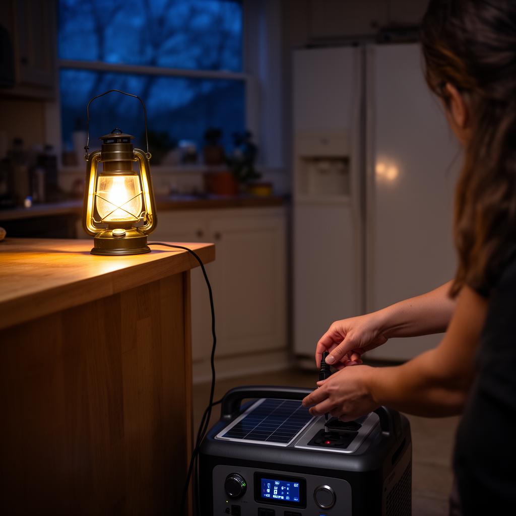 Hands plugging a cord into a portable solar generator in a kitchen lit by a battery lantern during a power outage